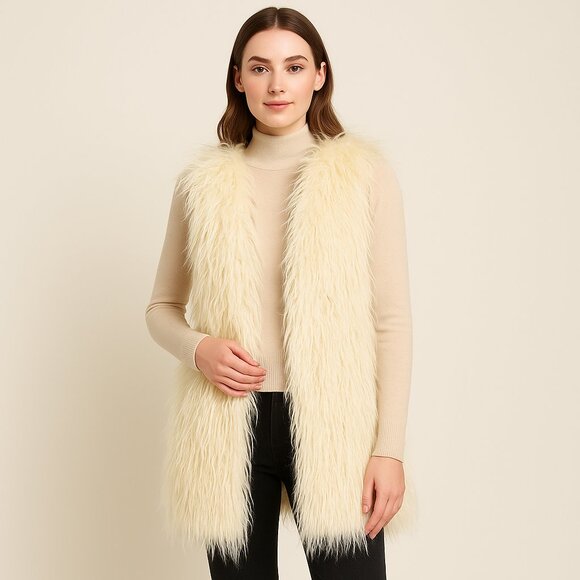 Ivory Long Shaggy Faux Fur Vest Dani Collection — Size M - Picture 2 of 6